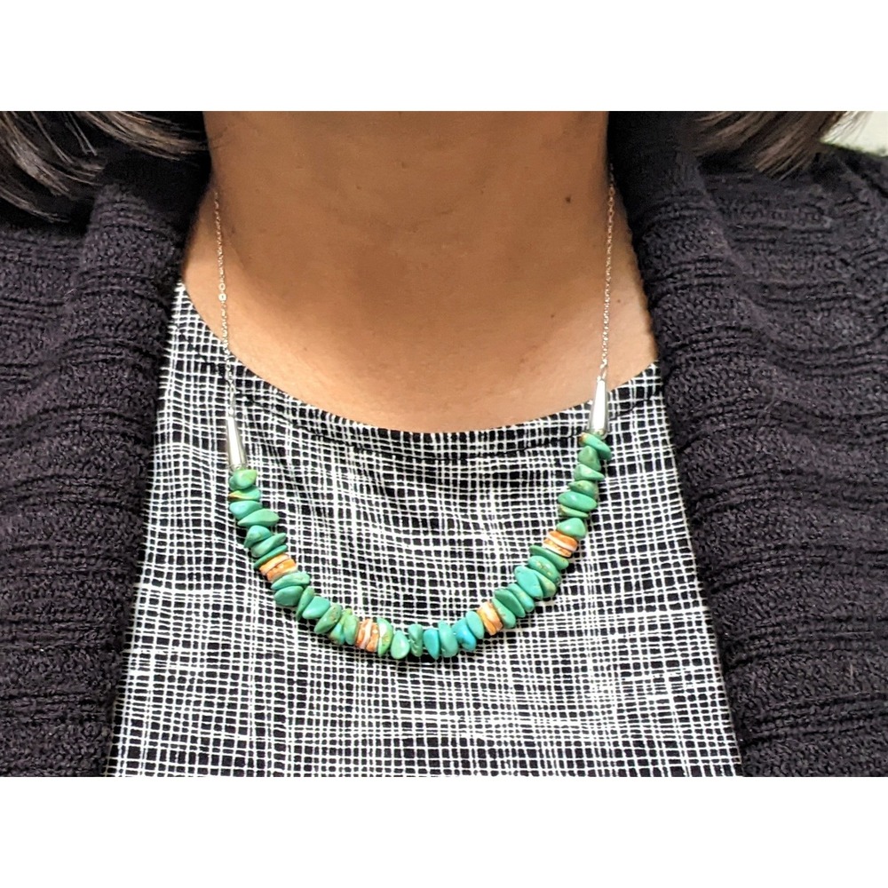 Santo Domingo Pueblo Green Turquoise Heishi & Spiny Oyster Necklace Jewelry ** - Picture 2 of 6